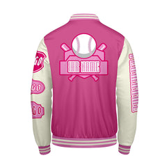 Maßgeschneiderte Rosa Weiß Letterman Varsity Jacket Individuelle Stickerei  Druck nach Ihrem Wunsch