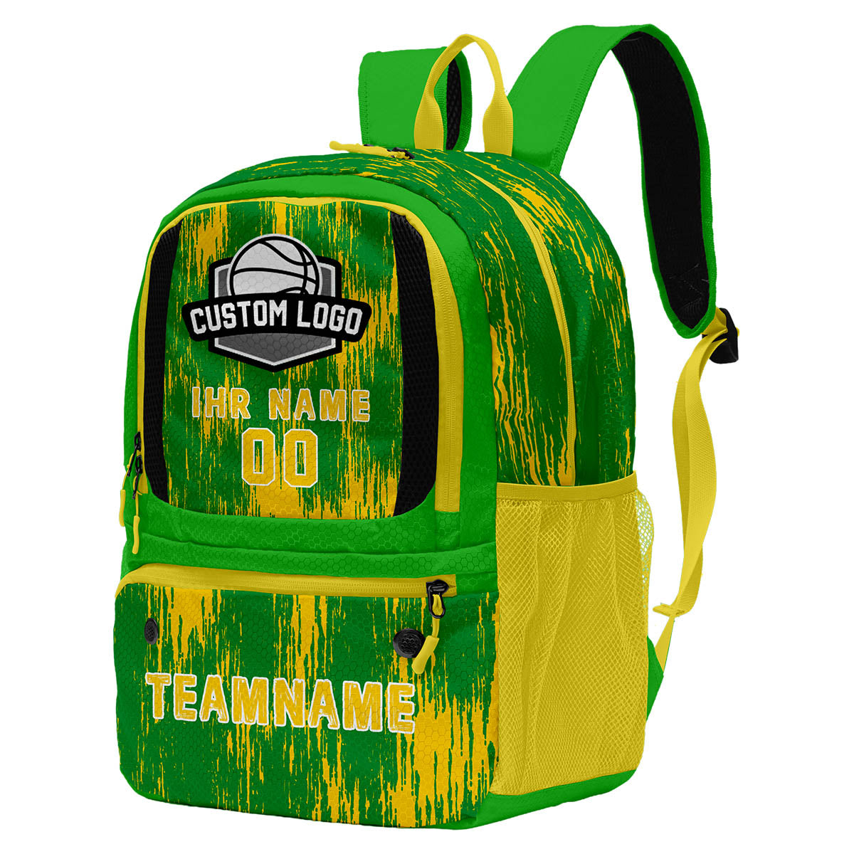 Individuell gestalteter Basketball - und Fußballrucksack in Grasgrün & Zitronengelb & personalisiert mit Spielernamen & Nummern und Teamlogo #BP-0919-0015