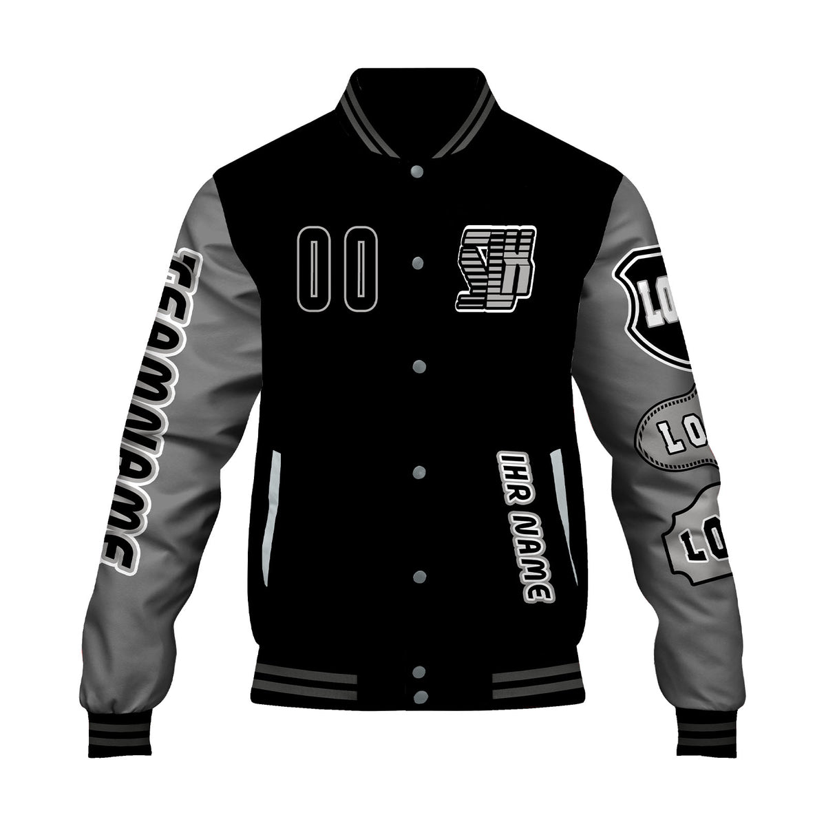 Maßgeschneiderte Schwarz Grau Letterman Varsity Jacket Individuelle Stickerei  Druck nach Ihrem Wunsch