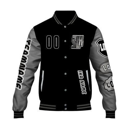 Maßgeschneiderte Schwarz Grau Letterman Varsity Jacket Individuelle Stickerei  Druck nach Ihrem Wunsch