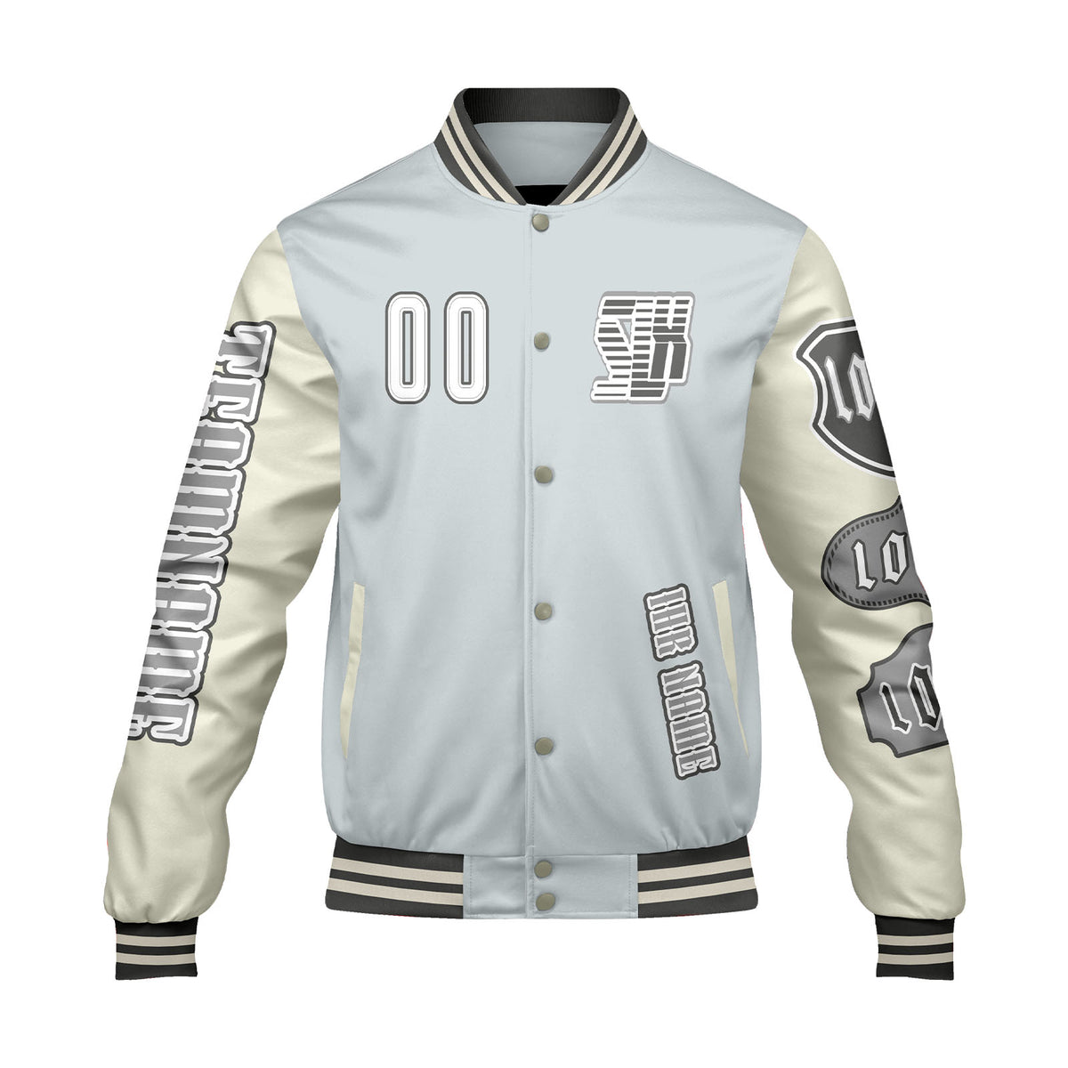 Maßgeschneiderte Grau Weiß Letterman Varsity Jacket Individuelle Stickerei  Druck nach Ihrem Wunsch