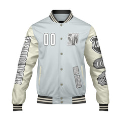 Maßgeschneiderte Grau Weiß Letterman Varsity Jacket Individuelle Stickerei  Druck nach Ihrem Wunsch