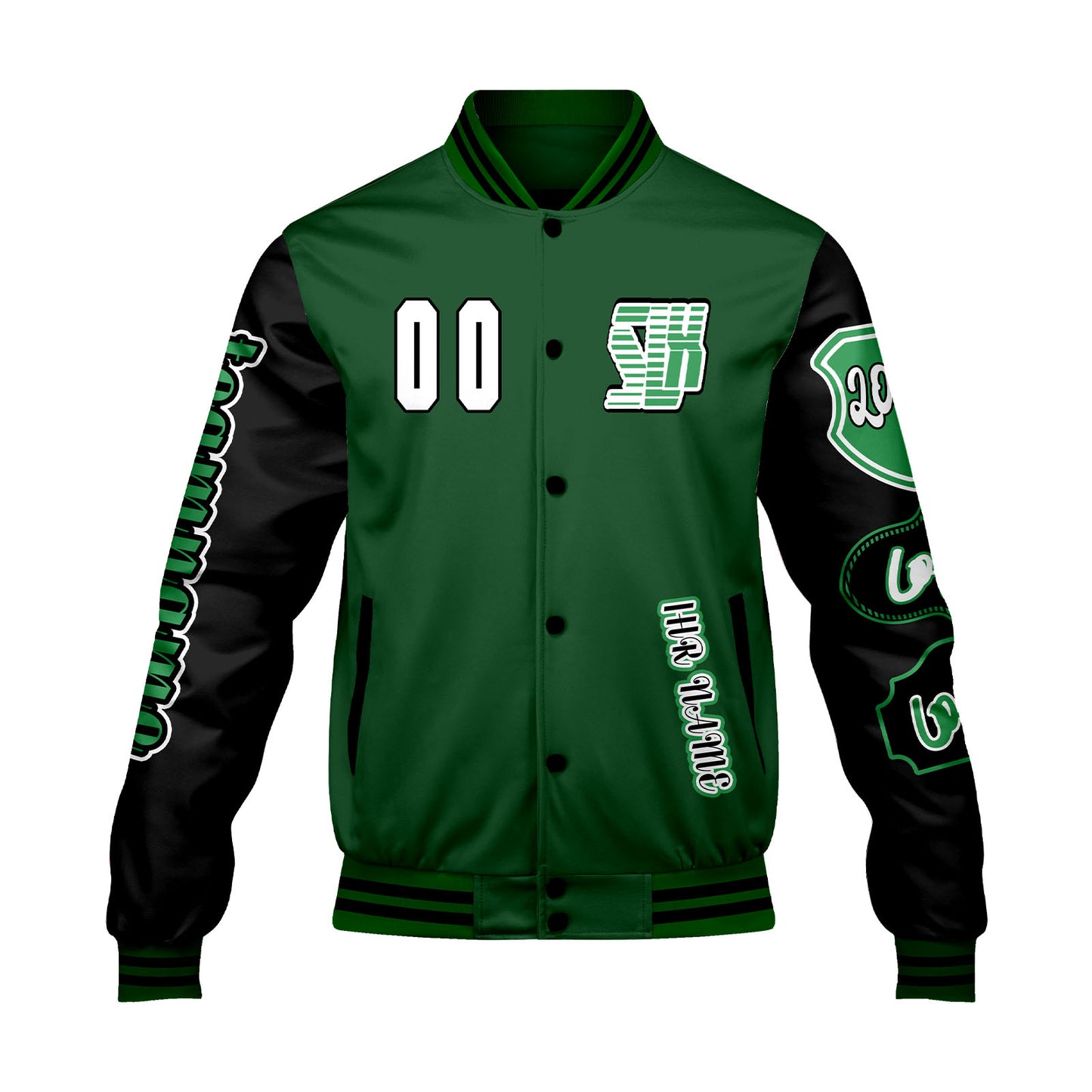 Maßgeschneiderte Grün Schwarz Letterman Varsity Jacket Individuelle Stickerei  Druck nach Ihrem Wunsch
