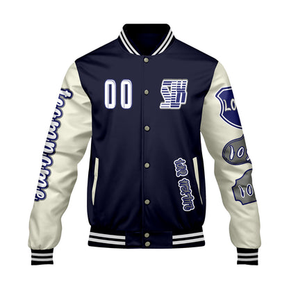 Maßgeschneiderte Marine Weiß Letterman Varsity Jacket Individuelle Stickerei  Druck nach Ihrem Wunsch