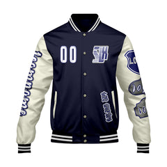 Maßgeschneiderte Marine Weiß Letterman Varsity Jacket Individuelle Stickerei  Druck nach Ihrem Wunsch
