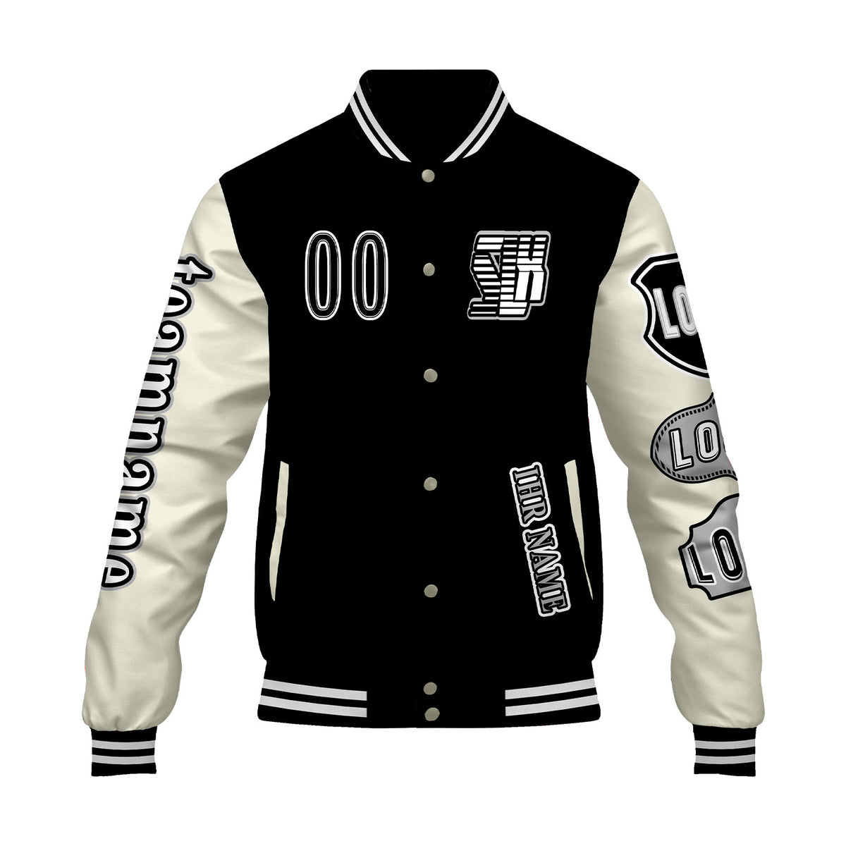 Maßgeschneiderte Schwarz Weiß Letterman Varsity Jacket Individuelle Stickerei  Druck nach Ihrem Wunsch