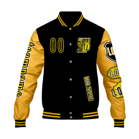 Maßgeschneiderte Schwarz Gelb Letterman Varsity Jacket Individuelle Stickerei  Druck nach Ihrem Wunsch