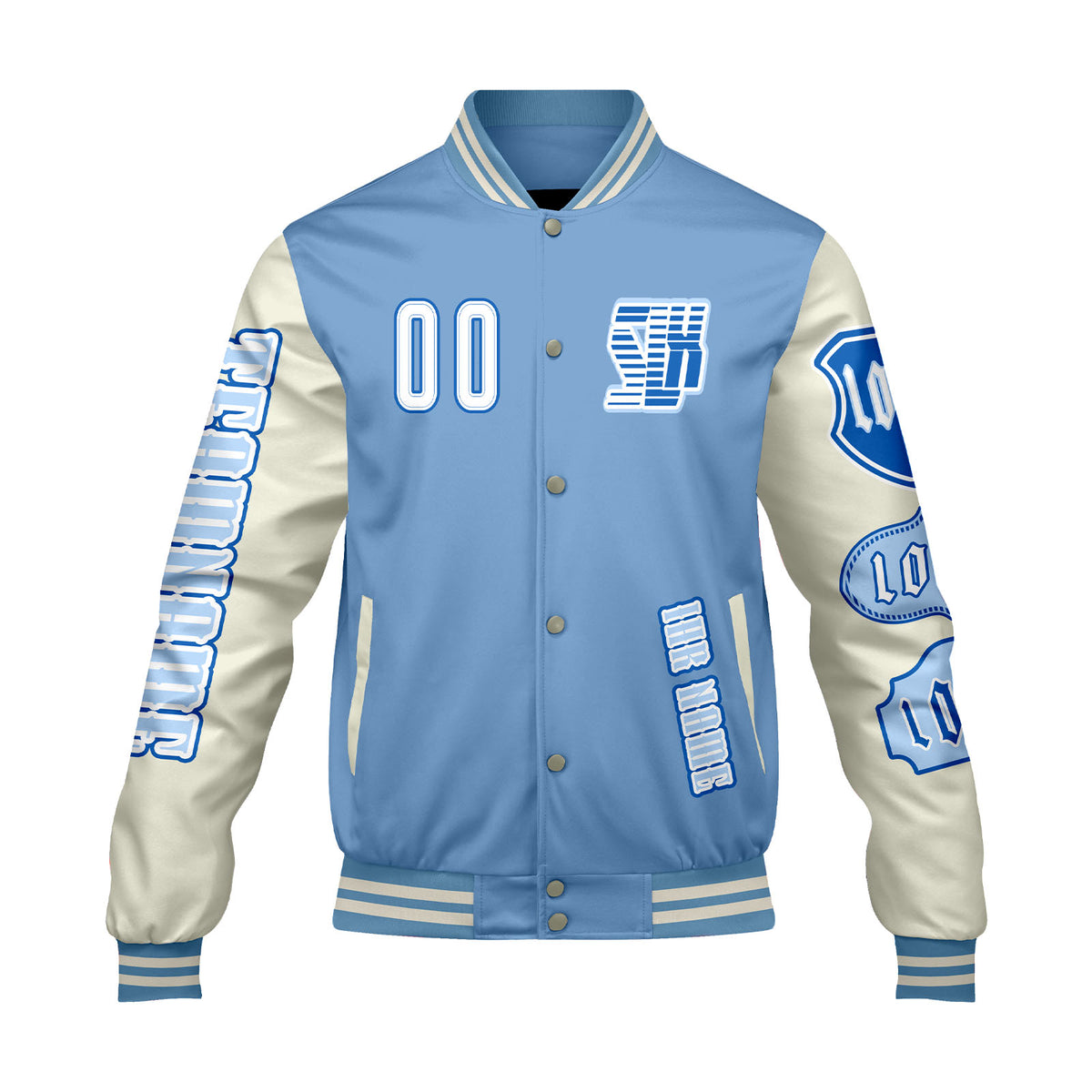Maßgeschneiderte Blau Weiß Letterman Varsity Jacket Individuelle Stickerei  Druck nach Ihrem Wunsch