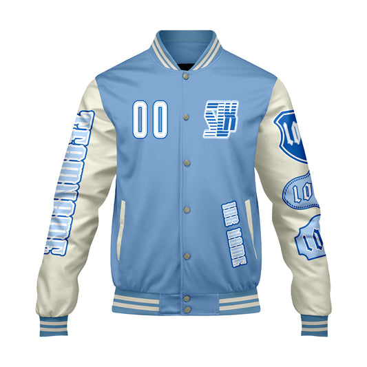 Maßgeschneiderte Blau Weiß Letterman Varsity Jacket Individuelle Stickerei  Druck nach Ihrem Wunsch