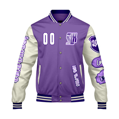 Maßgeschneiderte Lila Weiß Letterman Varsity Jacket Individuelle Stickerei  Druck nach Ihrem Wunsch