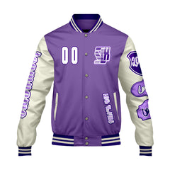 Maßgeschneiderte Lila Weiß Letterman Varsity Jacket Individuelle Stickerei  Druck nach Ihrem Wunsch