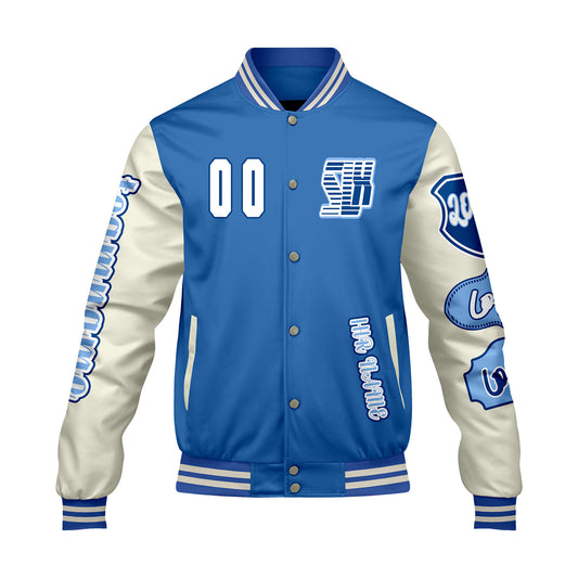 Maßgeschneiderte Blau Weiß Letterman Varsity Jacket Individuelle Stickerei  Druck nach Ihrem Wunsch