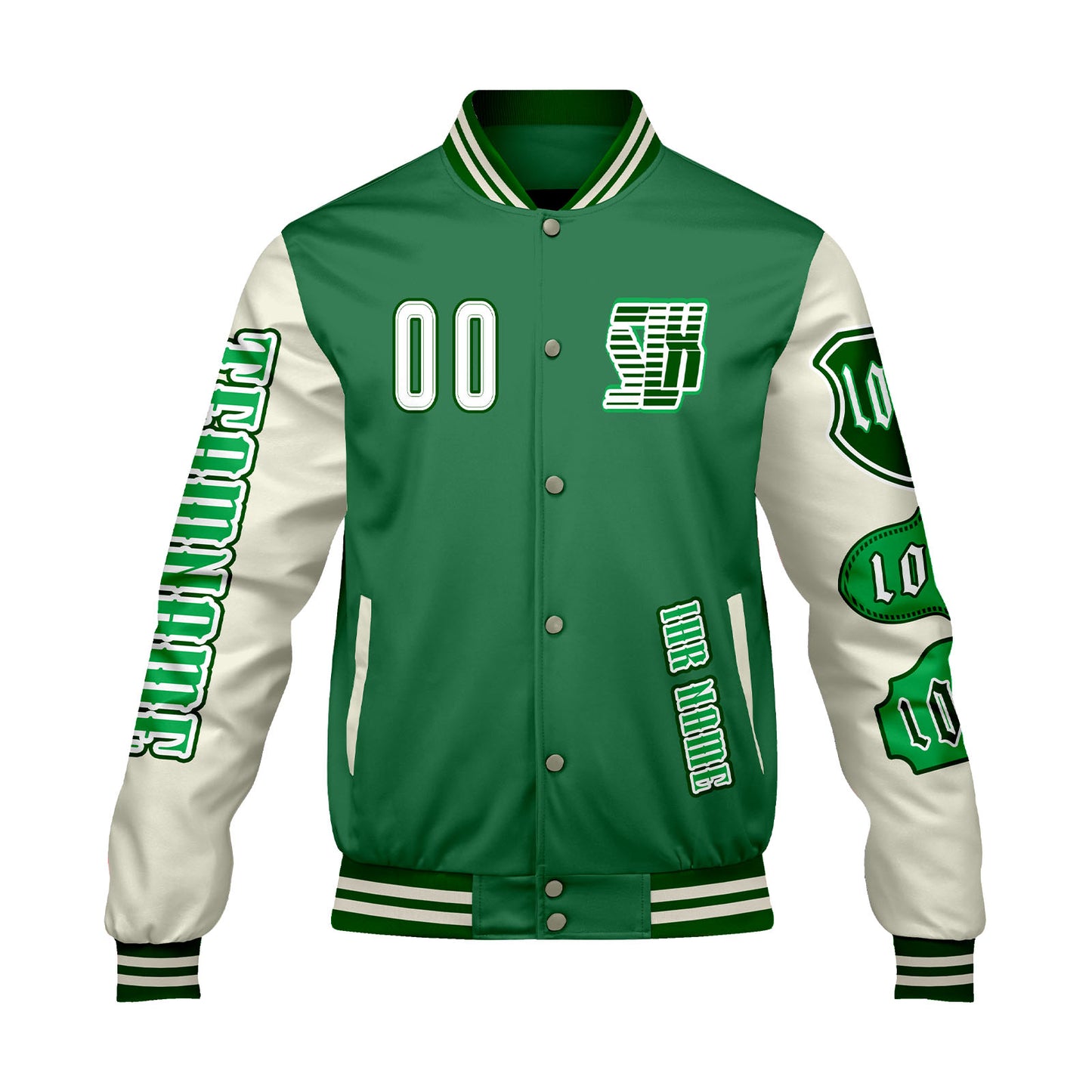 Maßgeschneiderte Grün Weiß Letterman Varsity Jacket Individuelle Stickerei  Druck nach Ihrem Wunsch