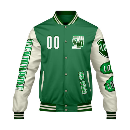 Maßgeschneiderte Grün Weiß Letterman Varsity Jacket Individuelle Stickerei  Druck nach Ihrem Wunsch