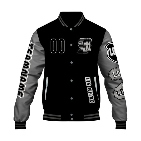Maßgeschneiderte Schwarz Grau Letterman Varsity Jacket Individuelle Stickerei  Druck nach Ihrem Wunsch