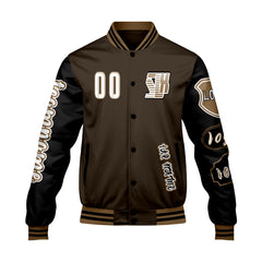 Maßgeschneiderte Braun Schwarz Letterman Varsity Jacket Individuelle Stickerei  Druck nach Ihrem Wunsch