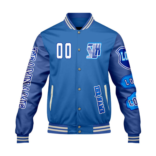 Maßgeschneiderte Blau Letterman Varsity Jacket Individuelle Stickerei  Druck nach Ihrem Wunsch