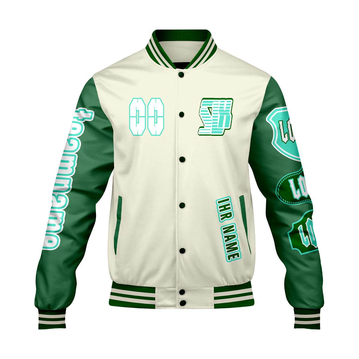 Maßgeschneiderte Weiß Grün Letterman Varsity Jacket Individuelle Stickerei  Druck nach Ihrem Wunsch