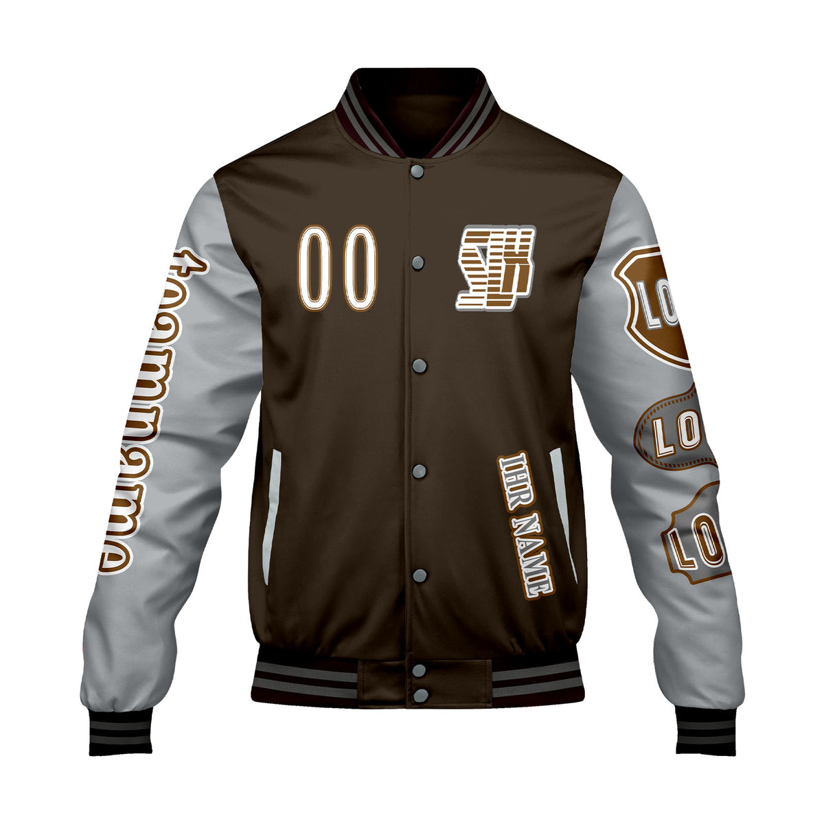 Maßgeschneiderte Braun Grau Letterman Varsity Jacket Individuelle Stickerei  Druck nach Ihrem Wunsch