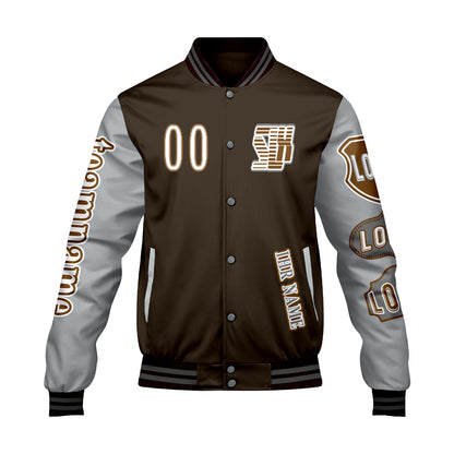 Maßgeschneiderte Braun Grau Letterman Varsity Jacket Individuelle Stickerei  Druck nach Ihrem Wunsch