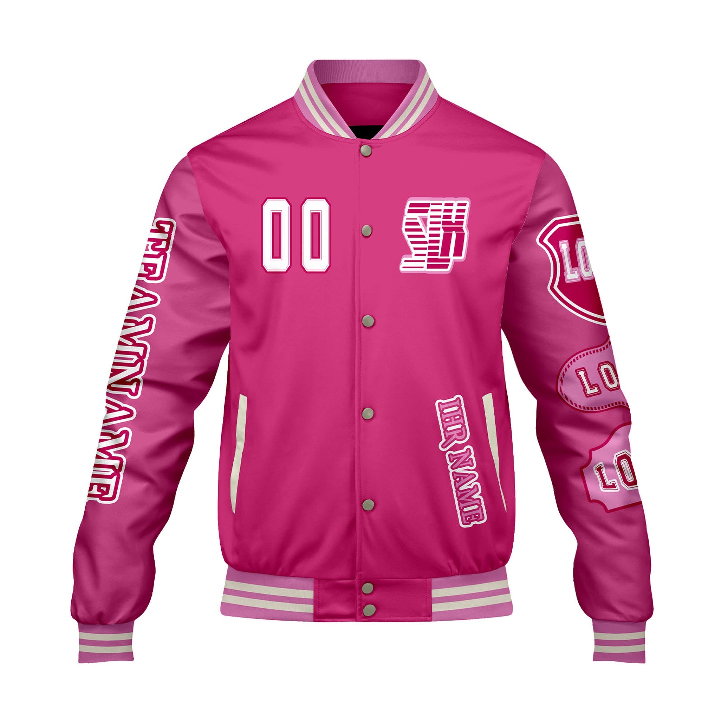 Maßgeschneiderte Rosa Letterman Varsity Jacket Individuelle Stickerei  Druck nach Ihrem Wunsch