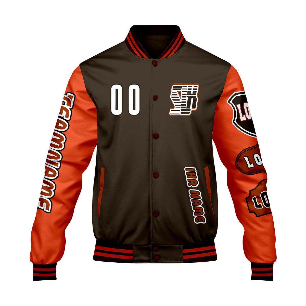Maßgeschneiderte Braun Orange Letterman Varsity Jacket Individuelle Stickerei  Druck nach Ihrem Wunsch