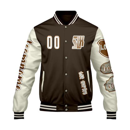 Maßgeschneiderte Braun Weiß Letterman Varsity Jacket Individuelle Stickerei  Druck nach Ihrem Wunsch