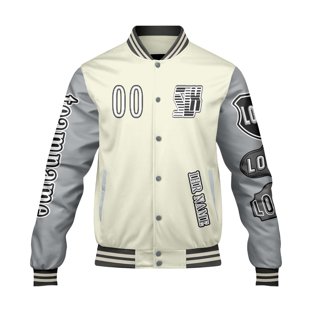 Maßgeschneiderte Weiß Grau Letterman Varsity Jacket Individuelle Stickerei  Druck nach Ihrem Wunsch