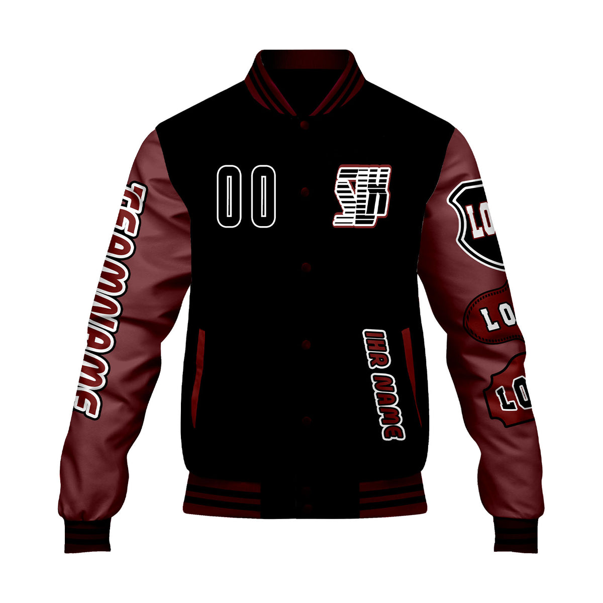 Maßgeschneiderte Schwarz Rot Letterman Varsity Jacket Individuelle Stickerei  Druck nach Ihrem Wunsch