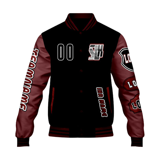 Maßgeschneiderte Schwarz Rot Letterman Varsity Jacket Individuelle Stickerei  Druck nach Ihrem Wunsch