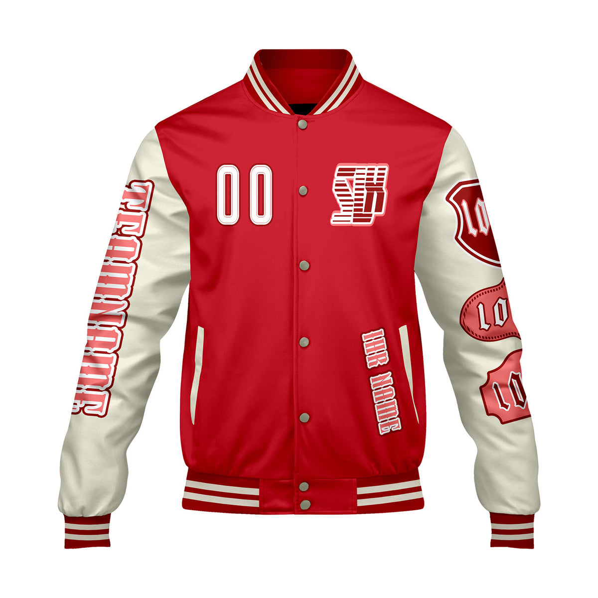 Maßgeschneiderte Rot Weiß Letterman Varsity Jacket Individuelle Stickerei  Druck nach Ihrem Wunsch