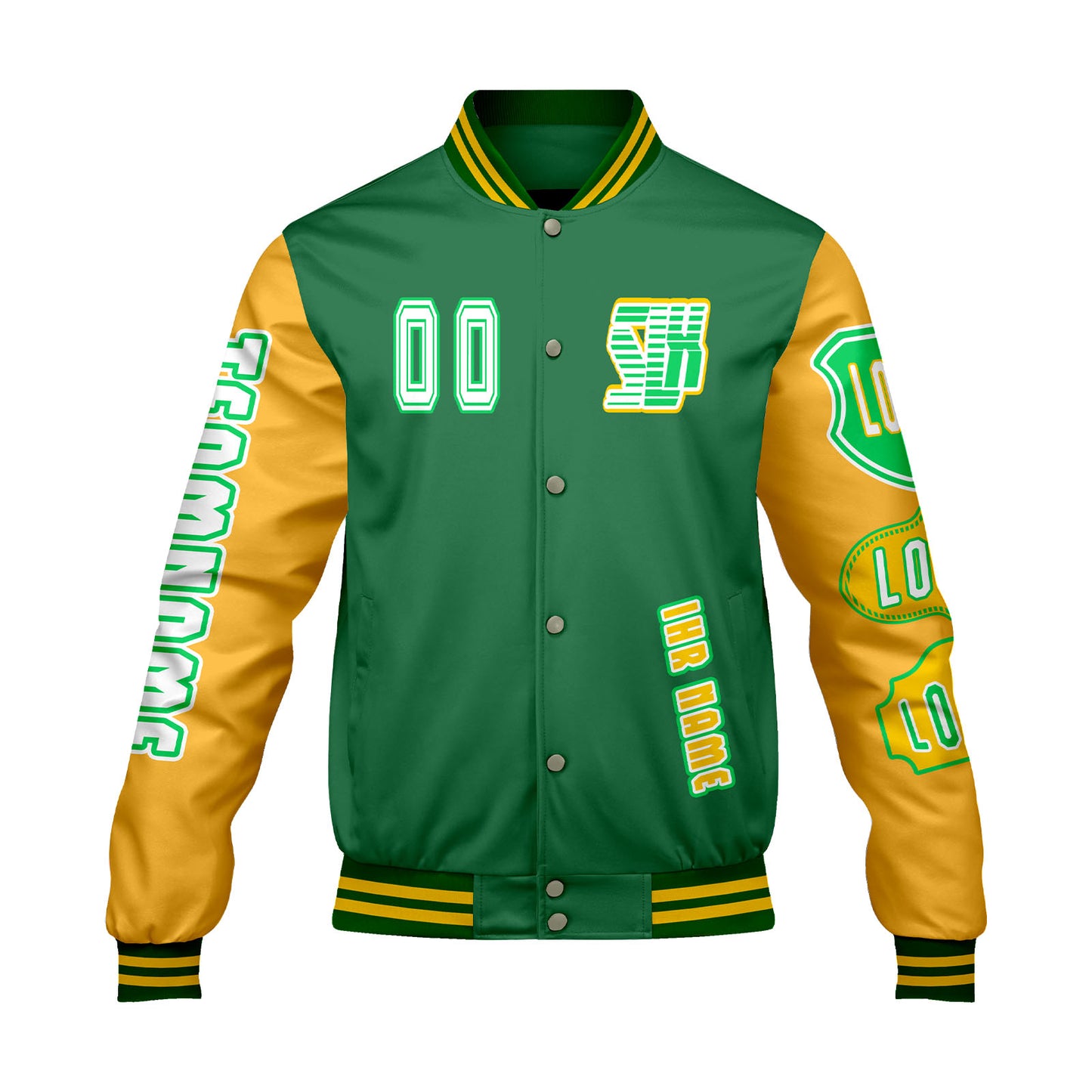 Maßgeschneiderte Grün Gelb Letterman Varsity Jacket Individuelle Stickerei  Druck nach Ihrem Wunsch