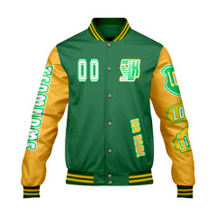 Maßgeschneiderte Grün Gelb Letterman Varsity Jacket Individuelle Stickerei  Druck nach Ihrem Wunsch