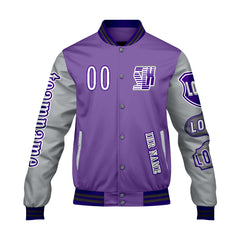 Maßgeschneiderte Lila Grau Letterman Varsity Jacket Individuelle Stickerei  Druck nach Ihrem Wunsch