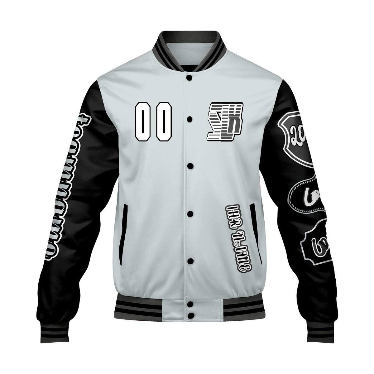 Maßgeschneiderte Grau Schwarz Letterman Varsity Jacket Individuelle Stickerei  Druck nach Ihrem Wunsch