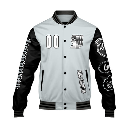 Maßgeschneiderte Grau Schwarz Letterman Varsity Jacket Individuelle Stickerei  Druck nach Ihrem Wunsch
