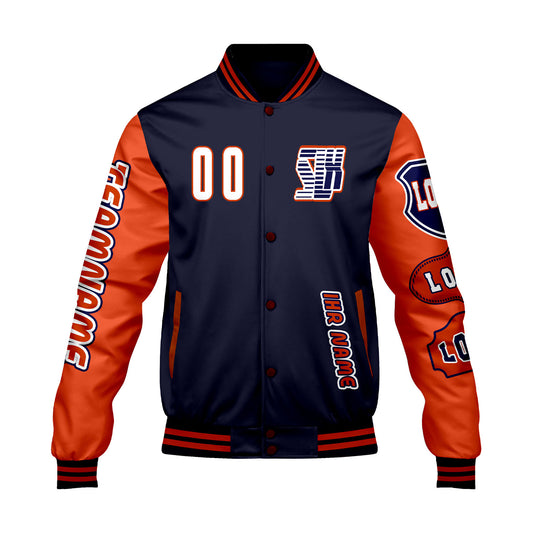 Maßgeschneiderte Marine Orange Letterman Varsity Jacket Individuelle Stickerei  Druck nach Ihrem Wunsch