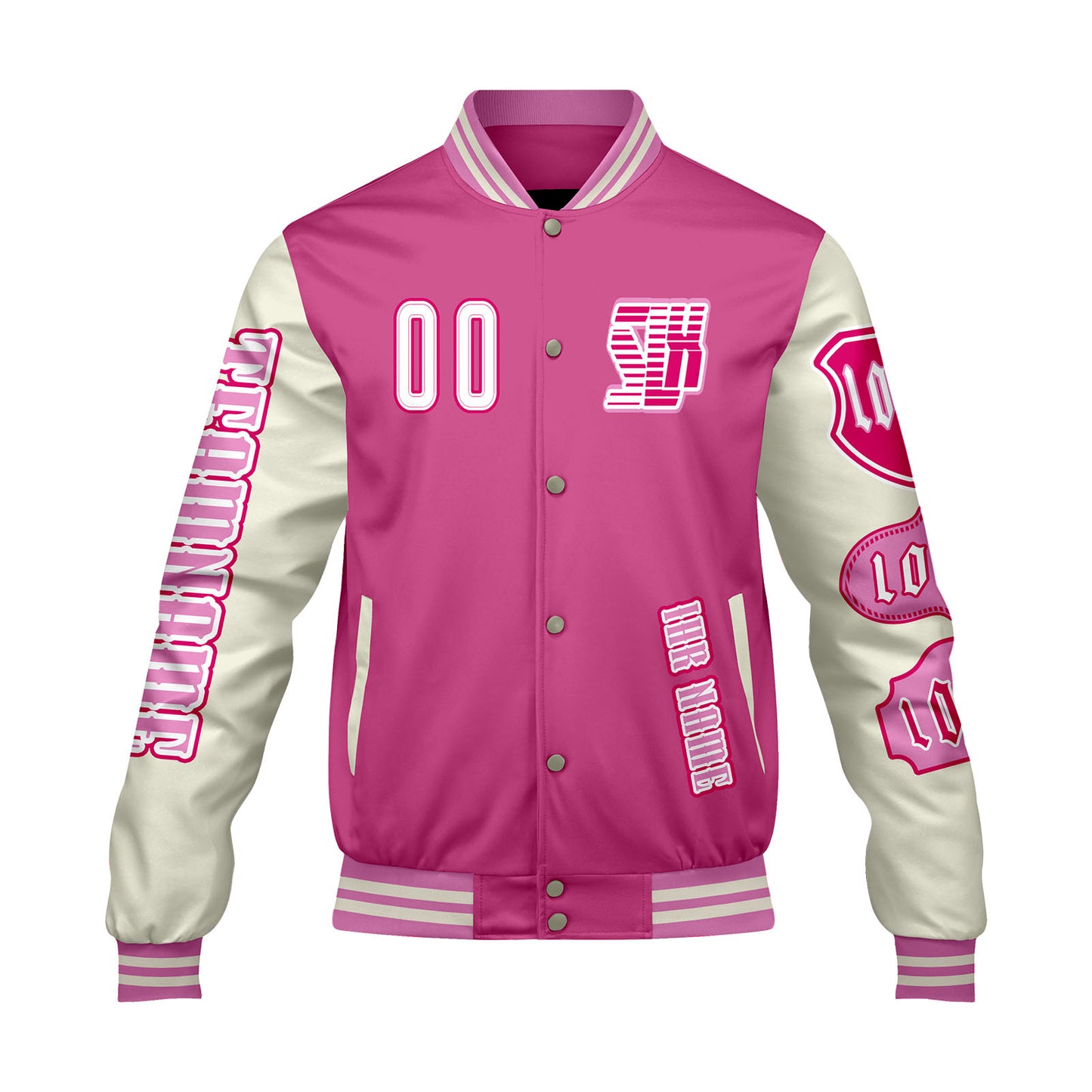 Maßgeschneiderte Rosa Weiß Letterman Varsity Jacket Individuelle Stickerei  Druck nach Ihrem Wunsch
