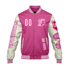 Maßgeschneiderte Rosa Weiß Letterman Varsity Jacket Individuelle Stickerei  Druck nach Ihrem Wunsch