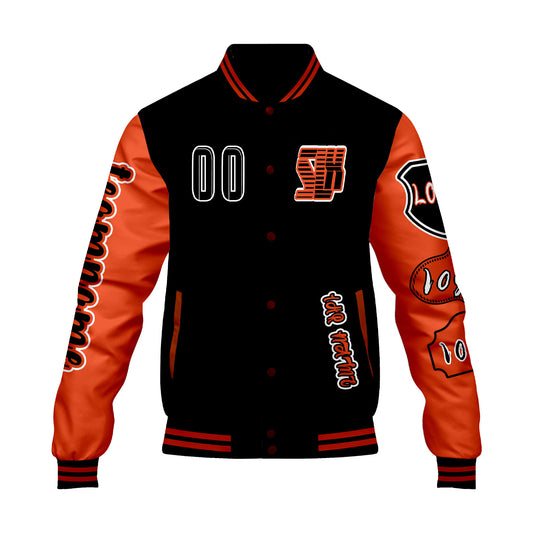 Maßgeschneiderte Schwarz Orange Letterman Varsity Jacket Individuelle Stickerei  Druck nach Ihrem Wunsch