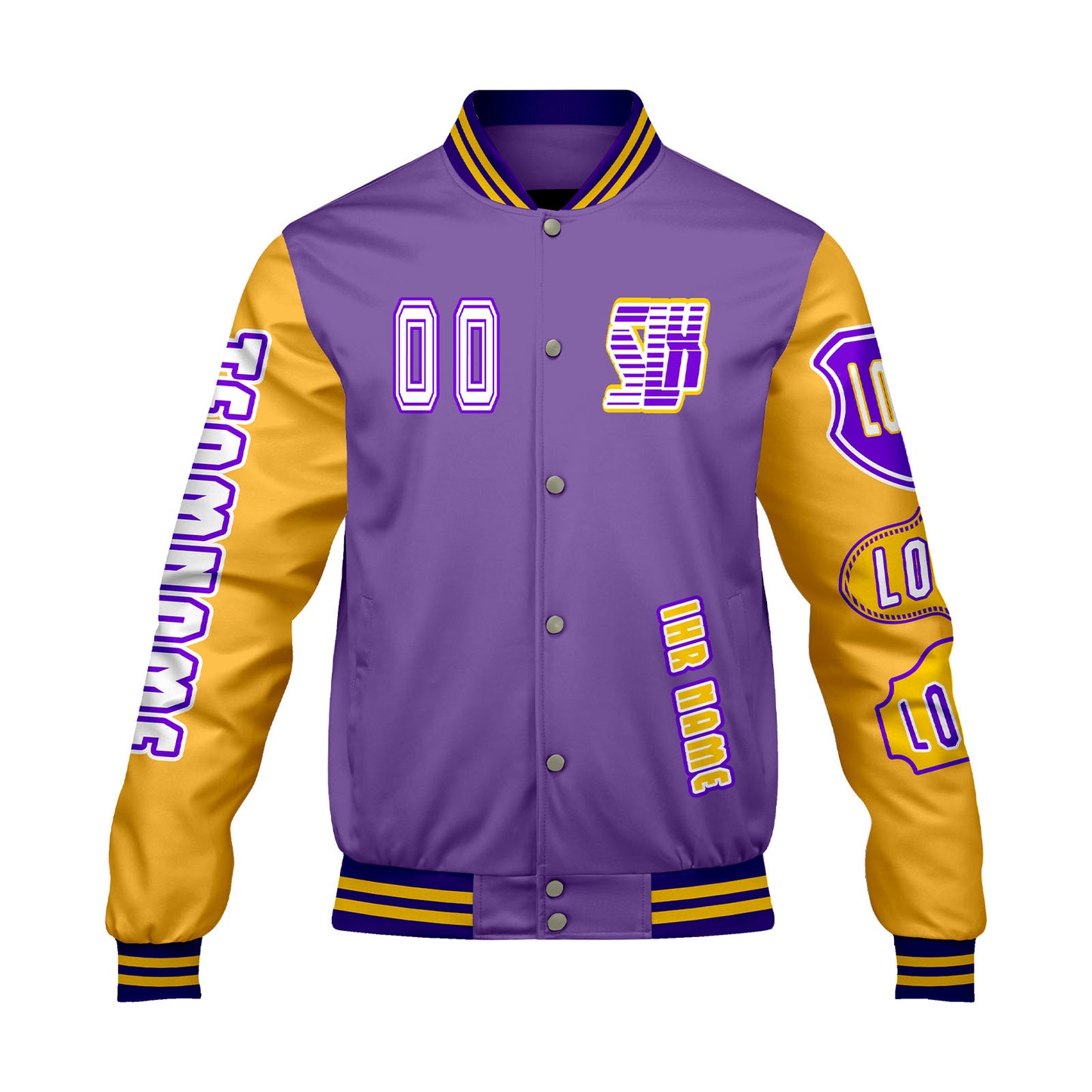 Maßgeschneiderte Lila Gelb Letterman Varsity Jacket Individuelle Stickerei  Druck nach Ihrem Wunsch