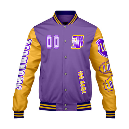 Maßgeschneiderte Lila Gelb Letterman Varsity Jacket Individuelle Stickerei  Druck nach Ihrem Wunsch