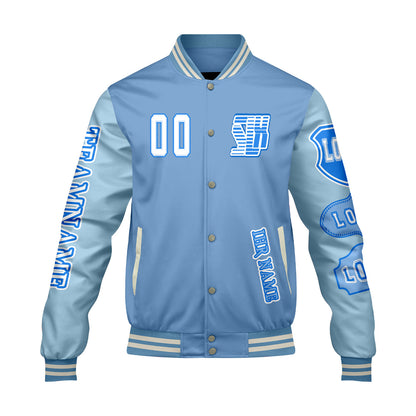 Maßgeschneiderte Blau Letterman Varsity Jacket Individuelle Stickerei  Druck nach Ihrem Wunsch