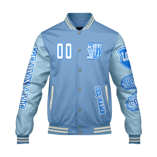 Maßgeschneiderte Blau Letterman Varsity Jacket Individuelle Stickerei  Druck nach Ihrem Wunsch