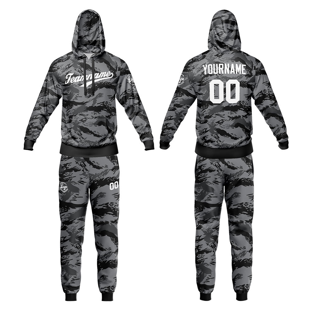 Benutzerdefiniert Tarnung Sport-Hoodie-Oberteil und Hosen-Set Schwarz