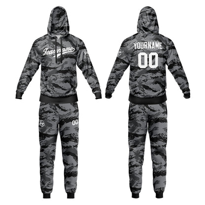 Benutzerdefiniert Tarnung Sport-Hoodie-Oberteil und Hosen-Set Schwarz