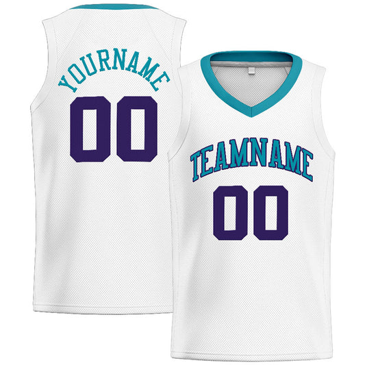 Benutzerdefinierte Authentisch  Basketball Trikot Weiß-Blaugrün-Lila