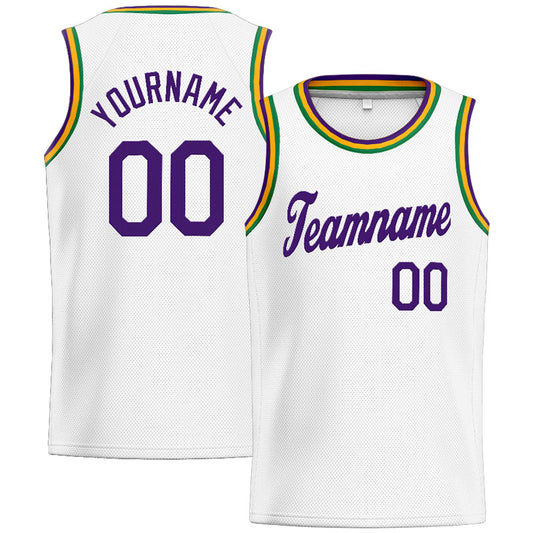 Benutzerdefinierte Authentisch  Basketball Trikot Weiß-Lila-Kelly Grün-Gelb