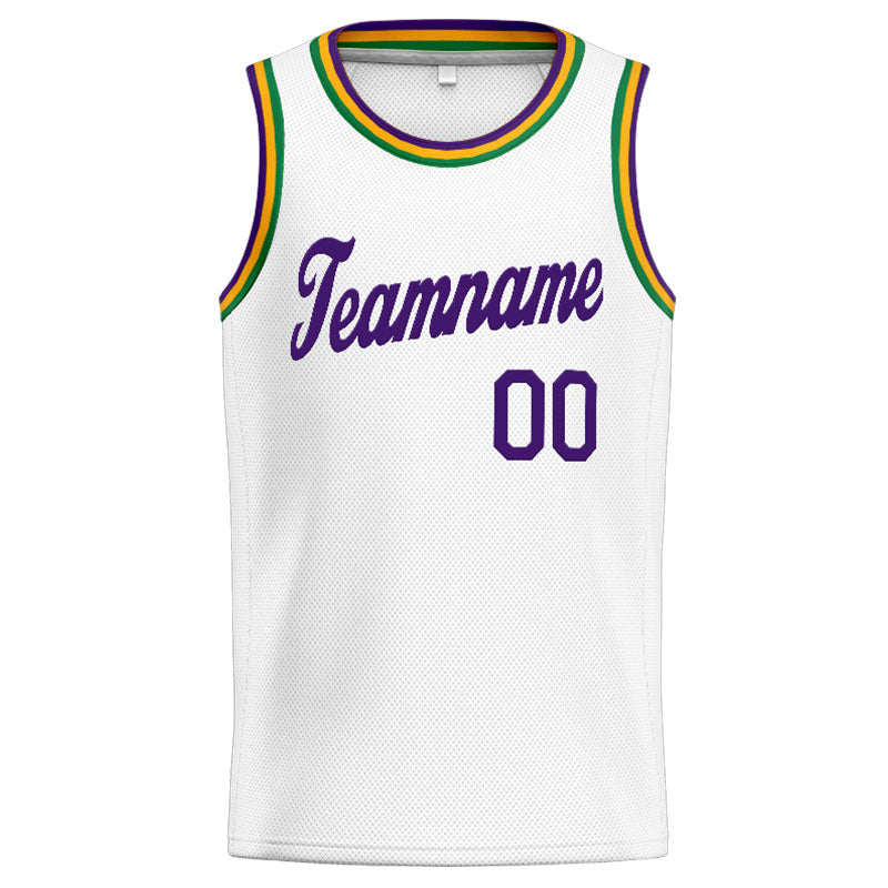 Benutzerdefinierte Authentisch  Basketball Trikot Weiß-Lila-Kelly Grün-Gelb