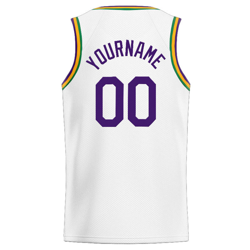 Benutzerdefinierte Authentisch  Basketball Trikot Weiß-Lila-Kelly Grün-Gelb